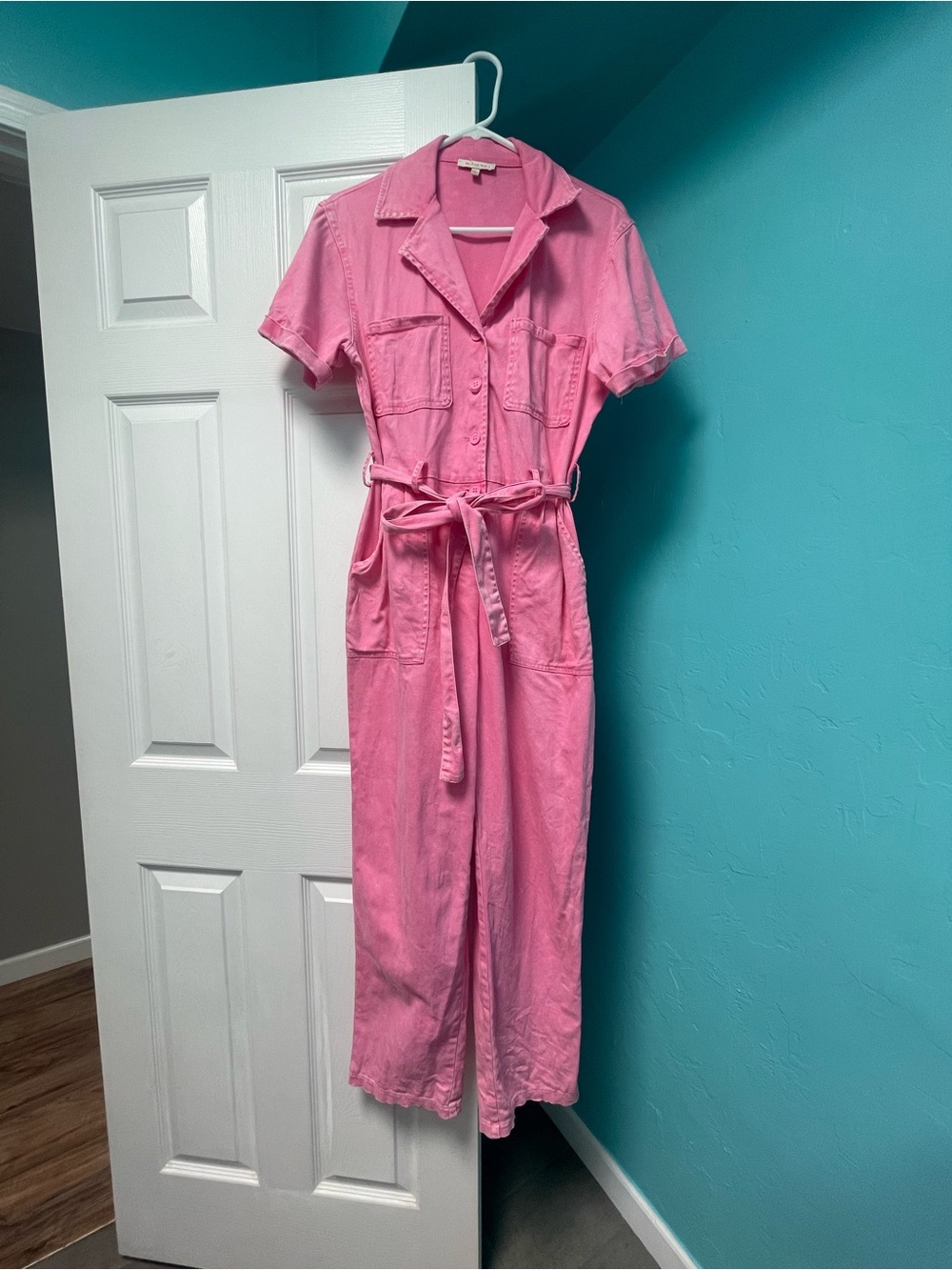 Skies Are Blue Pink Utility Shirt Jumpsuit Dress with Tie Waist